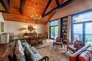 TV, fireplace, books, stereo