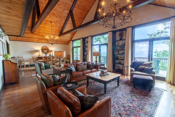 TV, fireplace, books, stereo