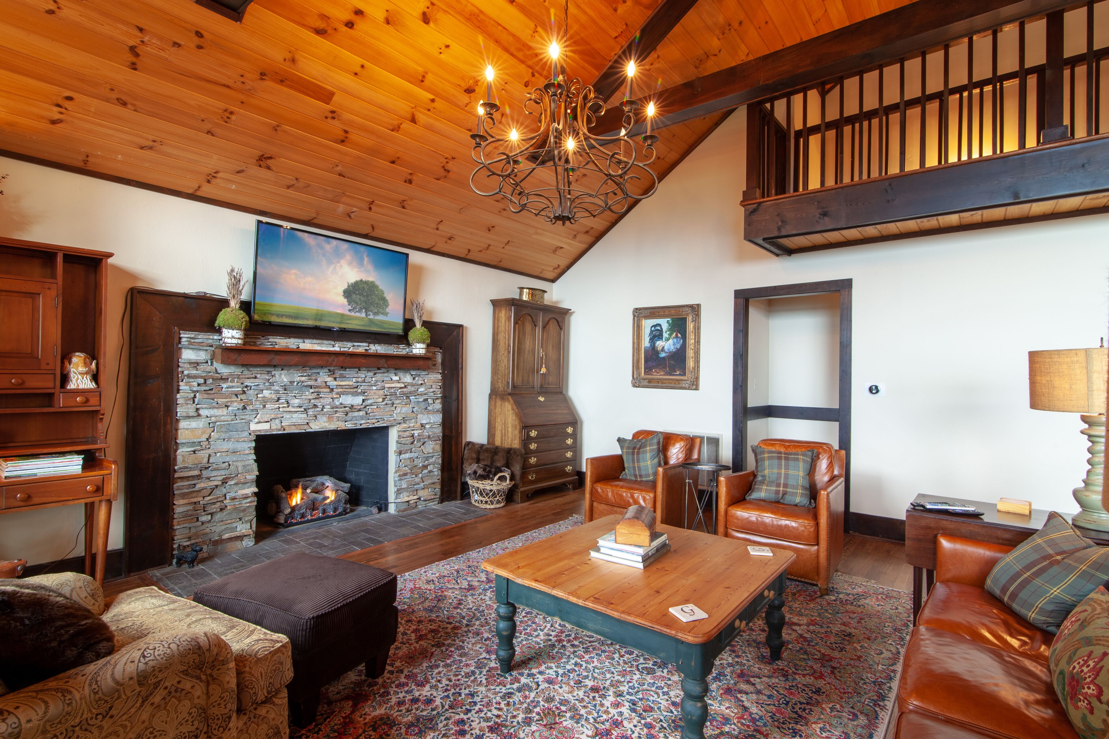 Télévision, cheminée, livres, chaîne hi-fi