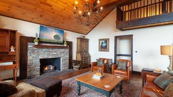 Télévision, cheminée, livres, chaßne hi-fi