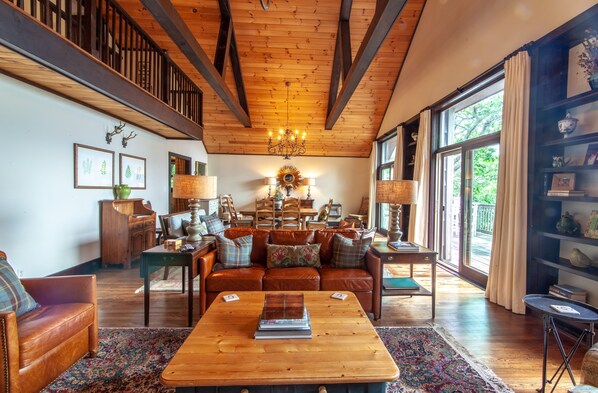 TV, fireplace, books, stereo