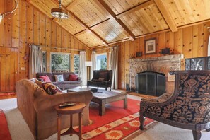 Smart TV, fireplace, DVD player, books