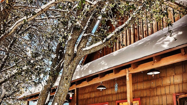 A wooden cabin with a balcony, large windows, and a sign instructing to remove shoes. - Historic Author's Lodge- Hot Tub as Featured in San Diego Magazine Walk to town. (Idyllwild)