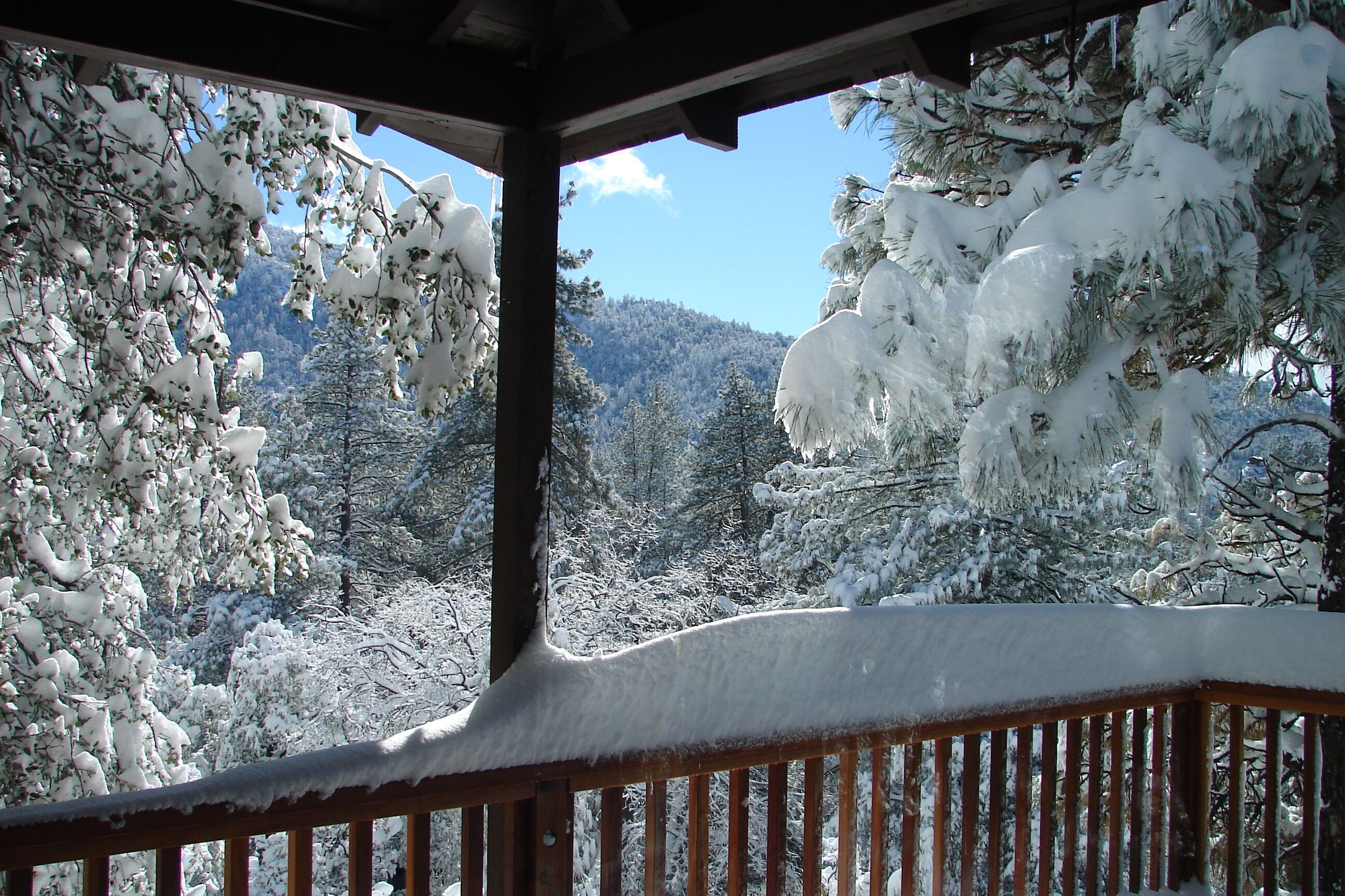 Una terraza de madera con vistas a árboles cubiertos de nieve y una montaña al fondo.