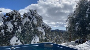 A hot tub surrounded by snow-covered trees and mountains. - Historic Author's Lodge- Hot Tub as Featured in San Diego Magazine Walk to town. (Idyllwild)