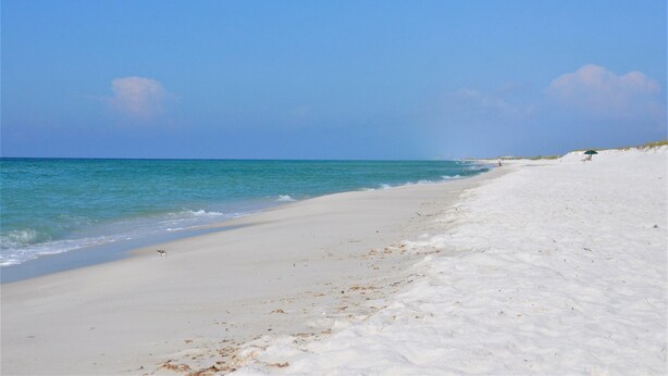 A beach with a clear sky and calm sea.