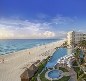 On the beach, sun-loungers, beach towels