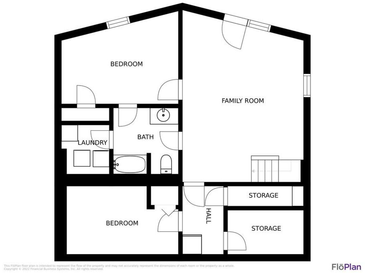 A floor plan with two bedrooms, a family room, a bathroom, a laundry area, a hall, and two storage areas.