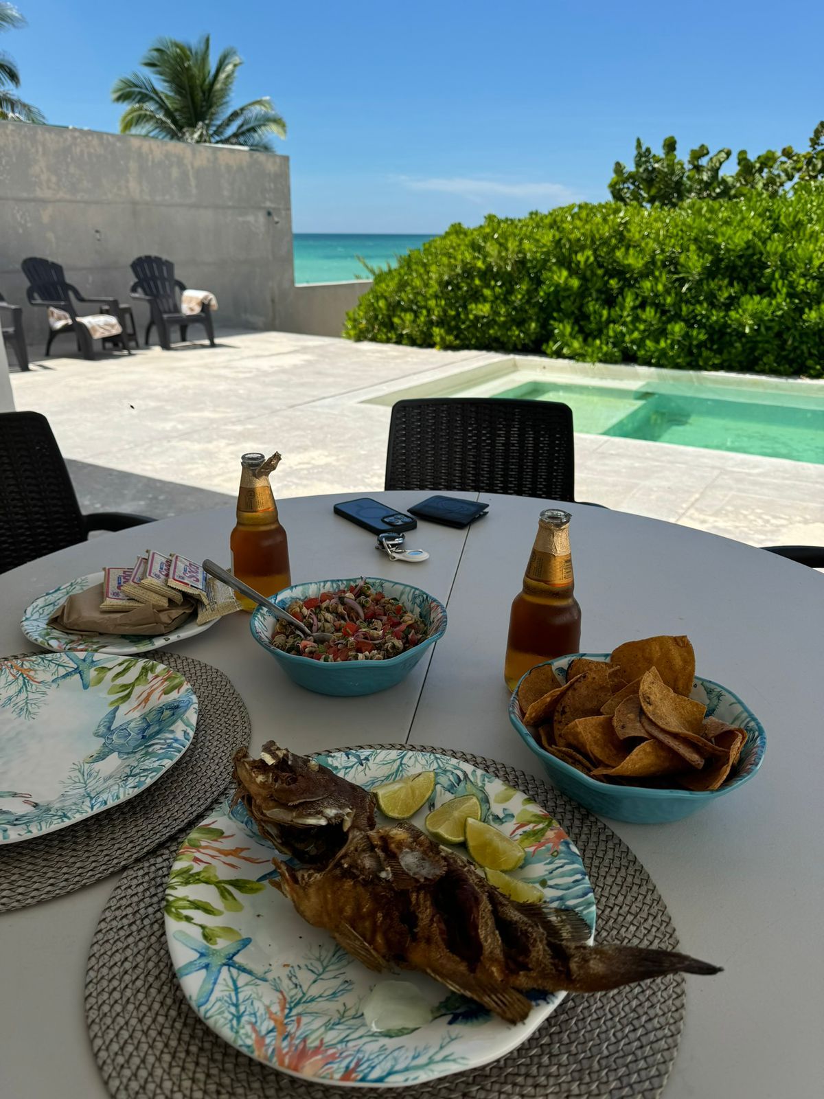 An outdoor dining area with a view of the ocean, featuring a table set with plates of food, a bottle of drink, and a bowl of chips.