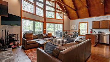 Een smart-tv, een open haard en een dvd-speler