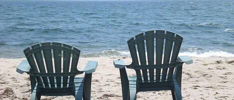 On the beach, sun loungers