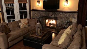 Smart TV, fireplace, video games, DVD player