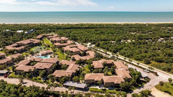 A residential area with multiple houses, a swimming pool, and a beach in the background.