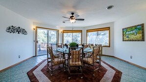 A dining area with a round table, chairs, a ceiling fan, and large windows.