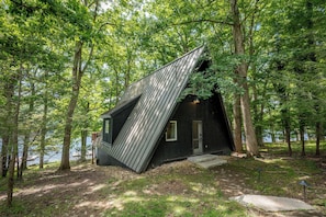 A cabin with a sloped roof, surrounded by trees and a body of water.