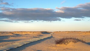 A sandy beach with a wooden boardwalk leading through dunes.