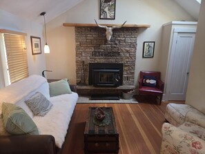 Smart TV, fireplace, DVD player, books