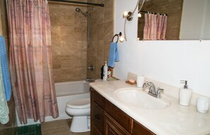 Bathtub, hair dryer, towels, soap