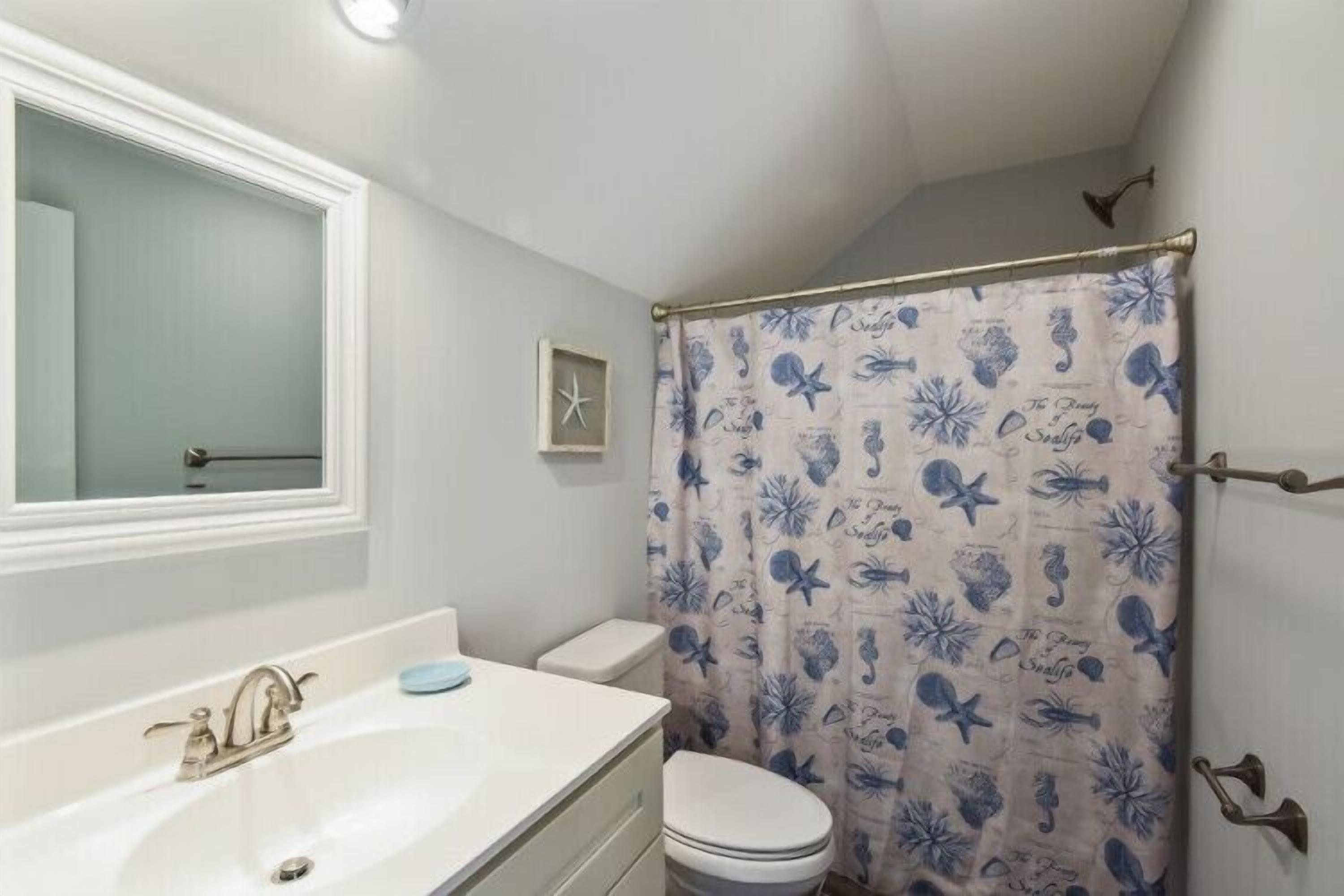 A bathroom with a white sink, a toilet, and a shower curtain with a floral pattern.