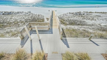 On the beach, sun loungers