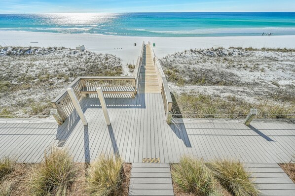 On the beach, sun loungers