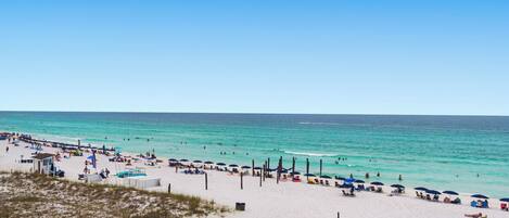 On the beach, sun loungers