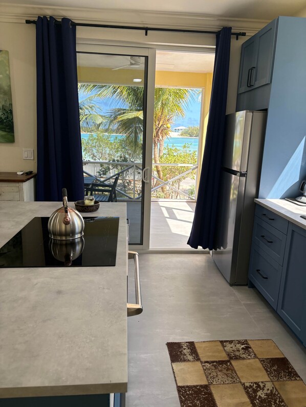 A modern kitchen with a view to a balcony, a stainless steel kettle, and a checkered rug.