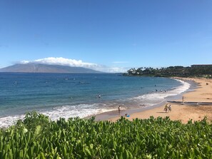 A beach with clear blue waters, a sandy shore, and lush greenery in the foreground. - BEACH LUX VILLA with AWESOME VIEW! CLICK on “About this Property” for a TOUR! (Kihei)