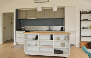 Frigorífico, placa de cocina, lavavajillas y cafetera o tetera