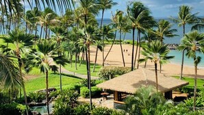 Un complexe hôtelier tropical doté d’une plage, de palmiers et d’une structure à toit de chaume.