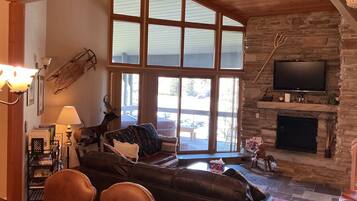 TV, fireplace, DVD player, books