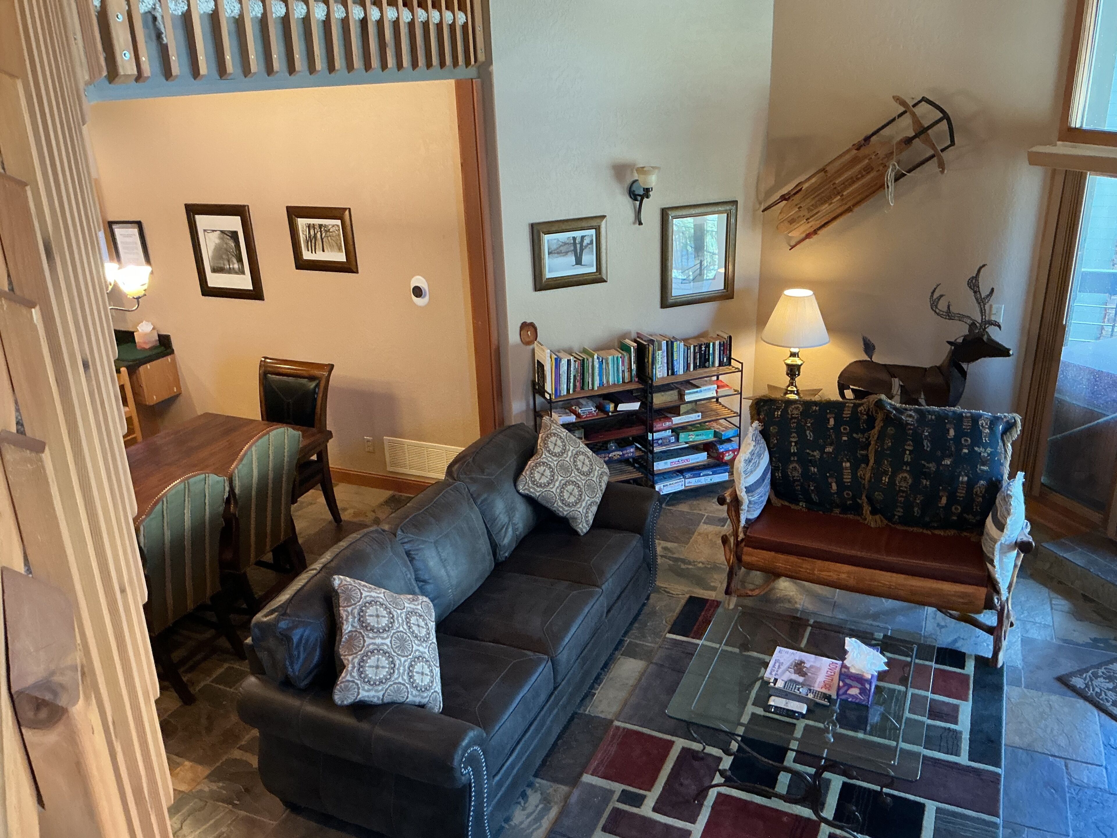 TV, fireplace, DVD player, books