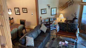 TV, fireplace, DVD player, books