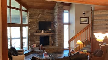 TV, fireplace, DVD player, books