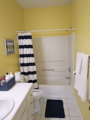 Ensemble baignoire-douche, séchoir à cheveux, serviettes fournies
