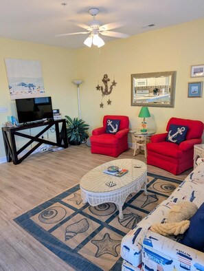 TV, DVD player, video library