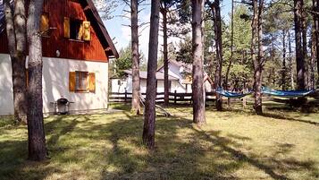 Escape to a serene forest retreat with a cozy cabin nestled among tall trees and a lush lawn.