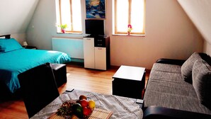 Ein kleiner, gemütlicher Raum mit Bett, Sofa, Fernseher und einem kleinen Tisch. Zwei Fenster mit Vorhängen und ein Bild an der Wand.