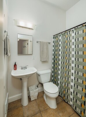 Combined shower/bathtub, hair dryer, towels, shampoo