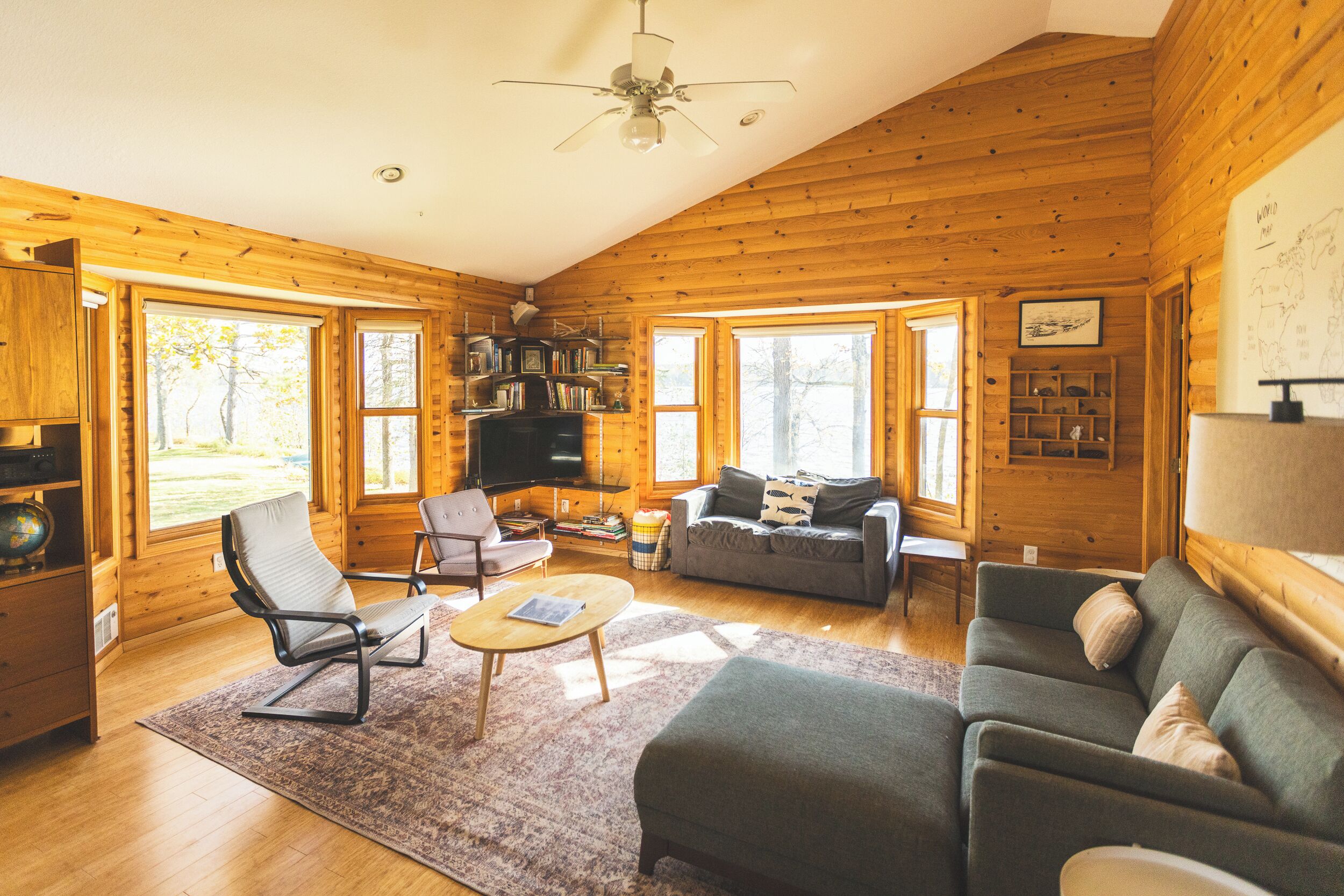 Smart TV, fireplace, books, stereo