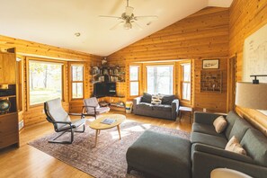 TV connectée, cheminée, livres, chaîne hi-fi