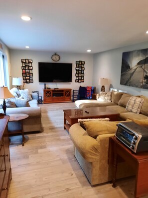 Smart TV, fireplace, video games, DVD player