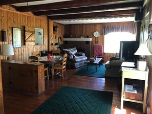 TV, fireplace, DVD player, books