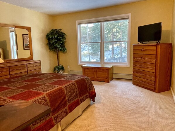Une chambre à coucher avec un grand lit, une commode, un téléviseur et une fenêtre donnant sur les arbres.