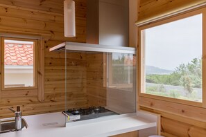 Fridge, microwave, stovetop, cookware/dishes/utensils