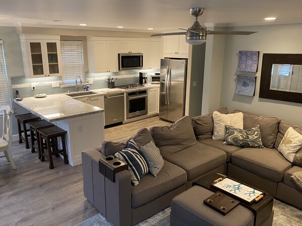 Smart TV, fireplace, video games, DVD player