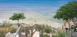 A beach with clear water, a wooden staircase leading down to the shore, and some greenery. - Ocean Path Villas in beautiful Barbados - A Must See Property (Christ Church)
