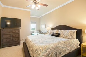 4 bedrooms, memory foam beds, iron/ironing board, travel crib
