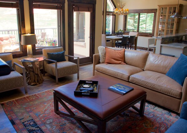 Smart TV, fireplace, DVD player, books