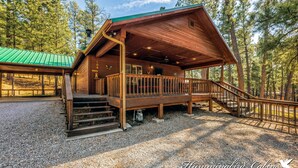 Eine Holzhütte mit verdeckter Veranda und einer Treppe zum Eingang.
